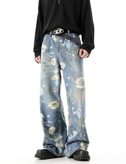 Blue Retro Print Wide-Leg Jeans for Men and Women - S / Blue - Men’s Jeans
