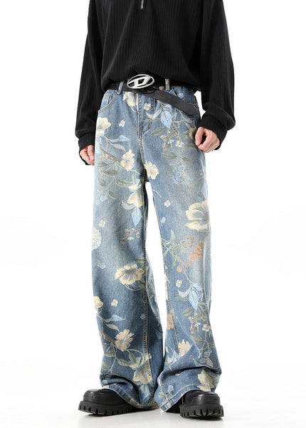 Blue Retro Print Wide-Leg Jeans for Men and Women - S / Blue - Men’s Jeans