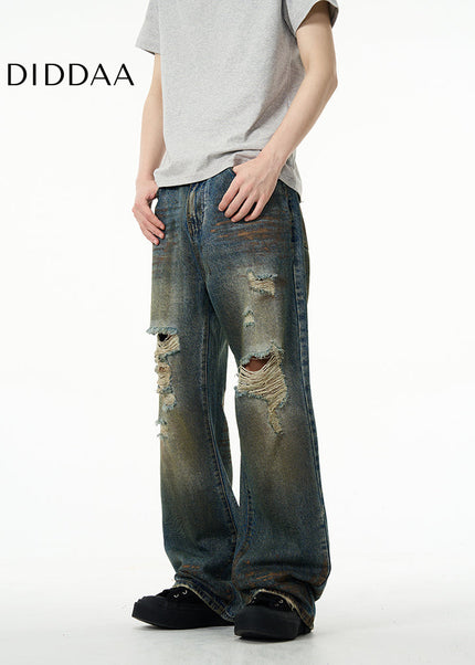 Blue Retro Ripped Straight-Leg Jeans for Couples - Women’s Jeans