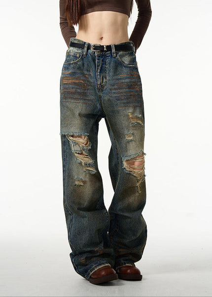 Blue Retro Ripped Straight-Leg Jeans for Couples - Women’s Jeans