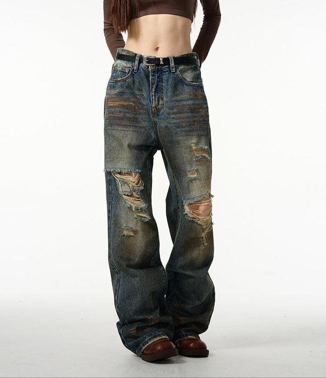 Blue Retro Ripped Straight-Leg Jeans for Couples - Women’s Jeans