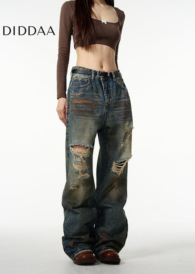 Blue Retro Ripped Straight-Leg Jeans for Couples - Women’s Jeans