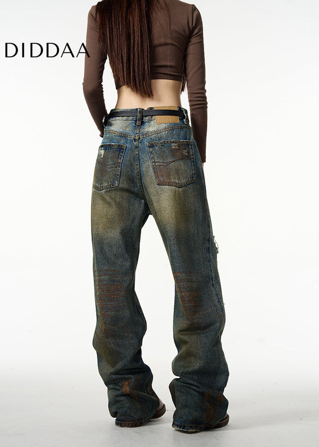 Blue Retro Ripped Straight-Leg Jeans for Couples - Women’s Jeans