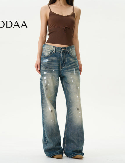 Blue Retro Splash Ink Micro Flare Jeans for Couples - S / Mid Blue - Women’s Jeans