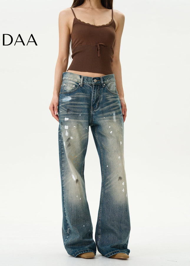 Blue Retro Splash Ink Micro Flare Jeans for Couples - S / Mid Blue - Women’s Jeans