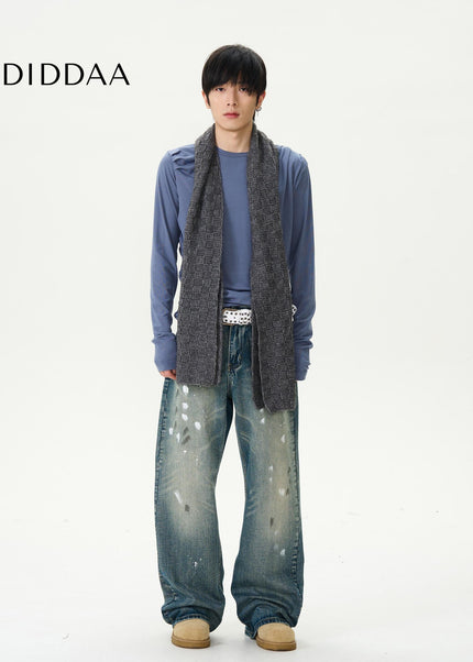 Blue Retro Splash Ink Micro Flare Jeans for Couples - Women’s Jeans