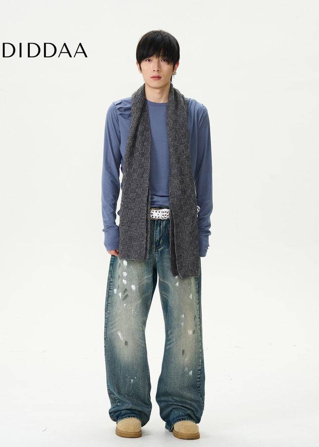 Blue Retro Splash Ink Micro Flare Jeans for Couples - Women’s Jeans