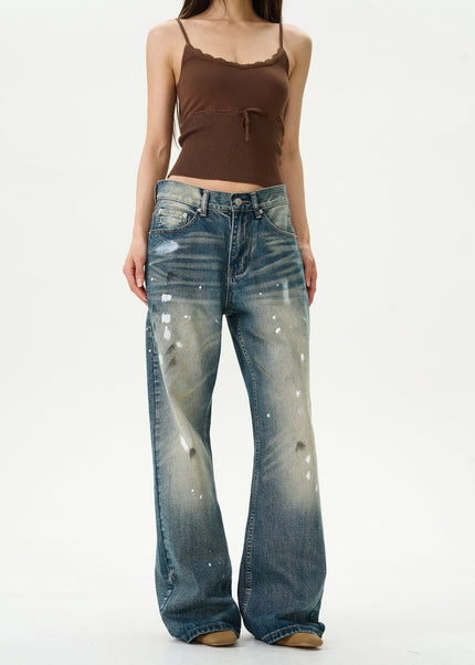 Blue Retro Splash Ink Micro Flare Jeans for Couples - Women’s Jeans