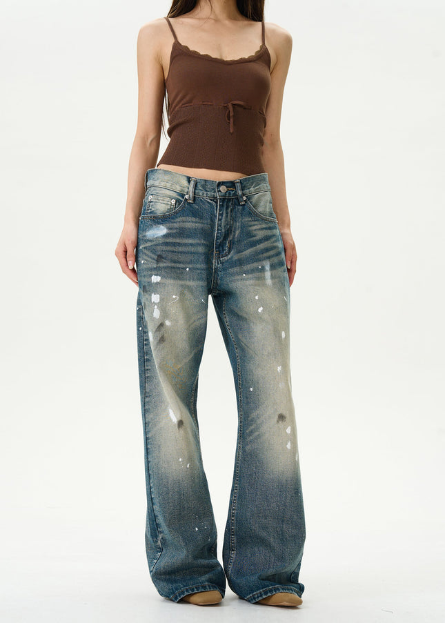 Blue Retro Splash Ink Micro Flare Jeans for Couples - Women’s Jeans