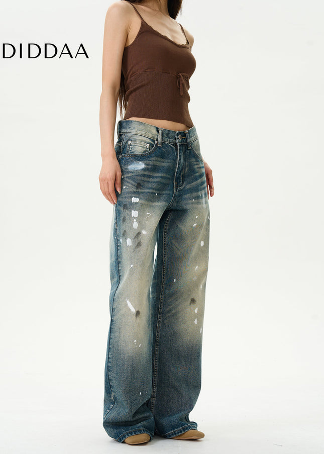 Blue Retro Splash Ink Micro Flare Jeans for Couples - Women’s Jeans