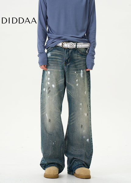 Blue Retro Splash Ink Micro Flare Jeans for Couples - Women’s Jeans