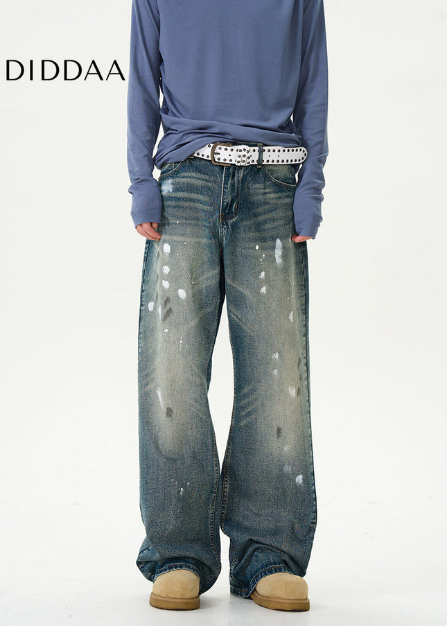 Blue Retro Splash Ink Micro Flare Jeans for Couples - Women’s Jeans