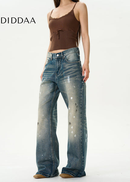 Blue Retro Splash Ink Micro Flare Jeans for Couples - Women’s Jeans