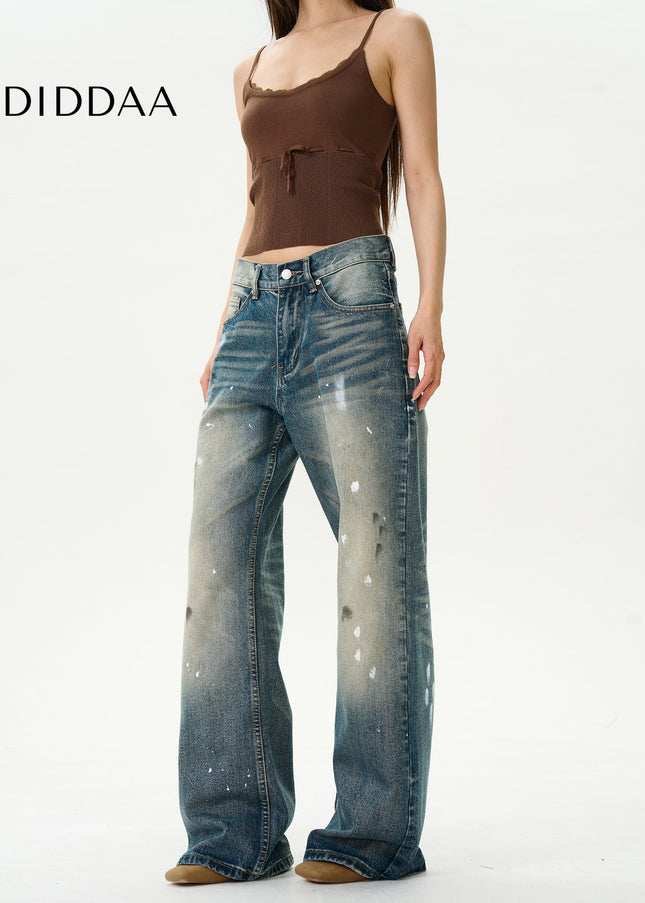Blue Retro Splash Ink Micro Flare Jeans for Couples - Women’s Jeans