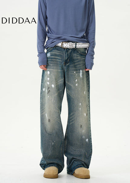 Blue Retro Splash Ink Micro Flare Jeans for Couples - Women’s Jeans