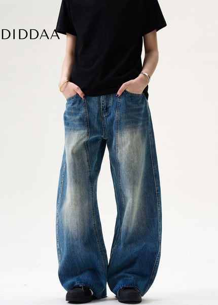 Blue Retro Stitched Scimitar Loose Fit Jeans - Men’s Jeans