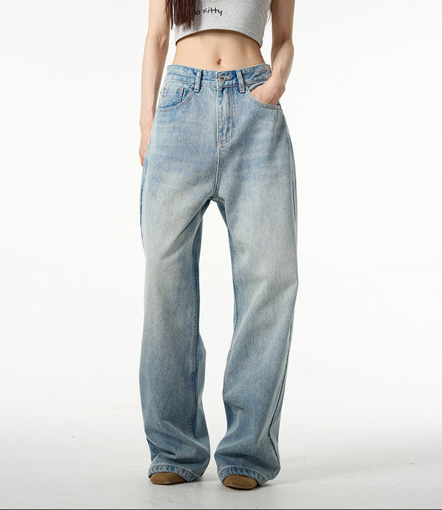 Blue Retro Straight-Leg Loose Jeans for Couples - Women’s Jeans