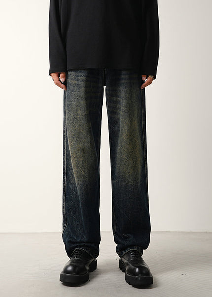 Blue Retro Tie-Wash Loose Wide-Leg Jeans Trousers - 28 / Dark Grey - Men’s Jeans