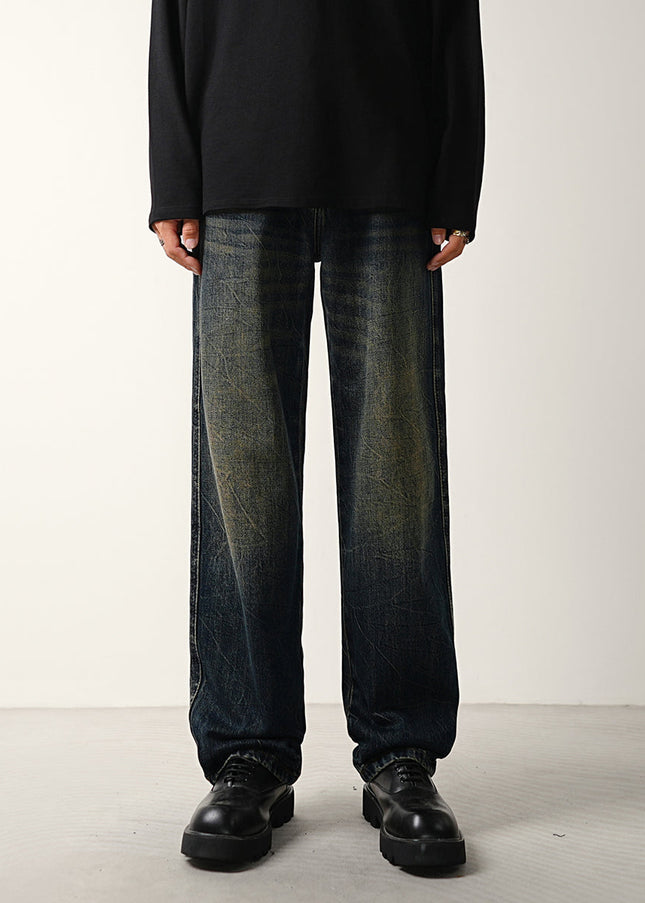 Blue Retro Tie-Wash Loose Wide-Leg Jeans Trousers - 28 / Dark Grey - Men’s Jeans