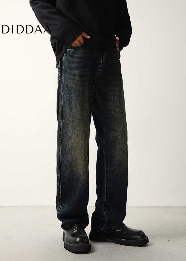 Blue Retro Tie-Wash Loose Wide-Leg Jeans Trousers - Men’s Jeans