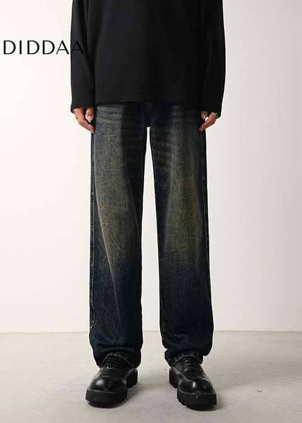 Blue Retro Tie-Wash Loose Wide-Leg Jeans Trousers - Men’s Jeans