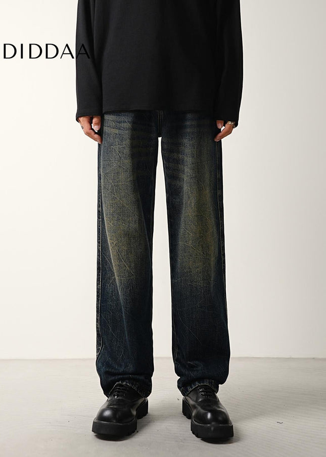 Blue Retro Tie-Wash Loose Wide-Leg Jeans Trousers - Men’s Jeans