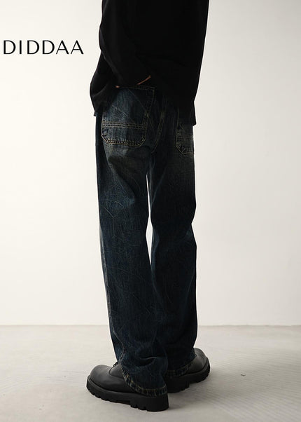 Blue Retro Tie-Wash Loose Wide-Leg Jeans Trousers - Men’s Jeans