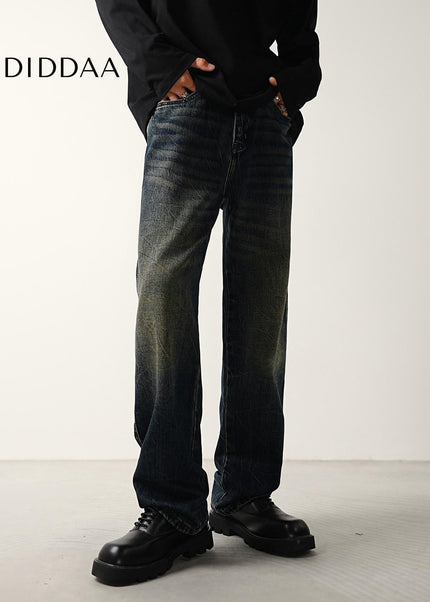 Blue Retro Tie-Wash Loose Wide-Leg Jeans Trousers - Men’s Jeans
