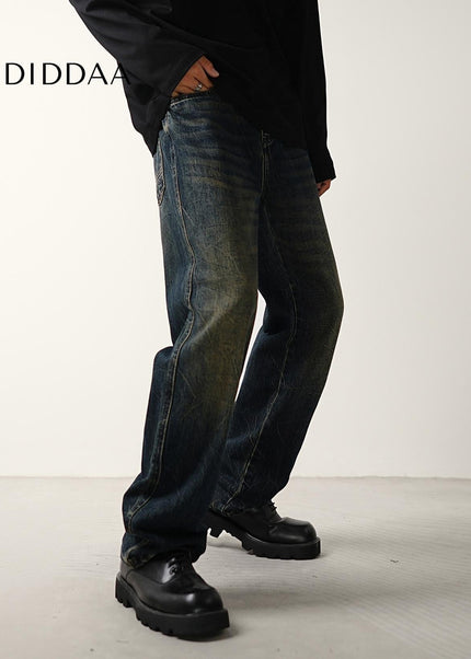 Blue Retro Tie-Wash Loose Wide-Leg Jeans Trousers - Men’s Jeans