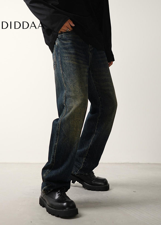 Blue Retro Tie-Wash Loose Wide-Leg Jeans Trousers - Men’s Jeans