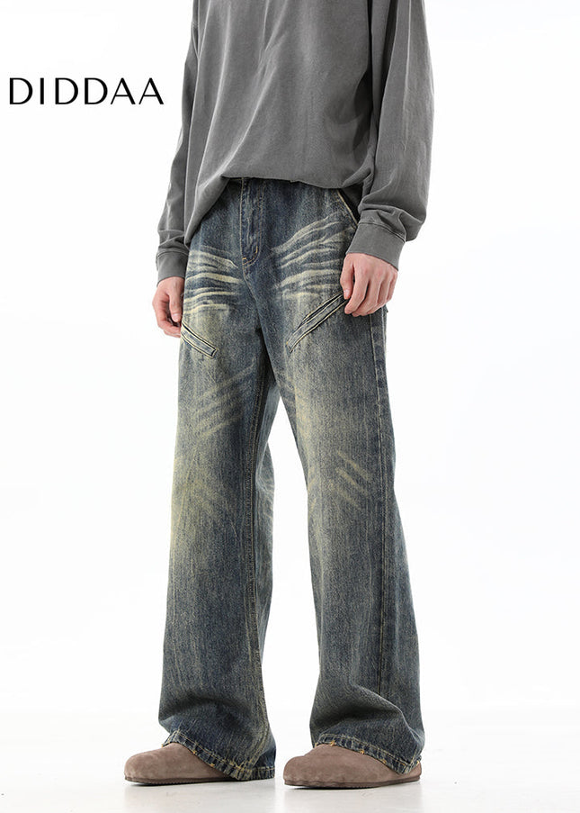 Blue Retro Vintage Loose Long Wide Leg Jeans - Men’s Jeans