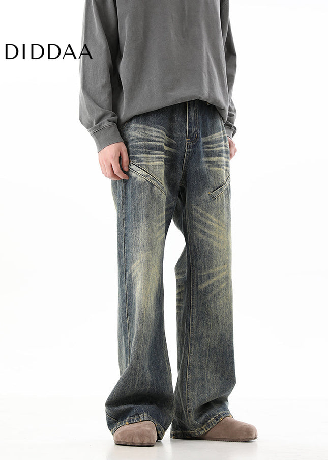 Blue Retro Vintage Loose Long Wide Leg Jeans - Men’s Jeans