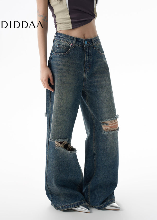 Blue Retro Wash Big Hole Wide Leg Jeans - Women’s Jeans