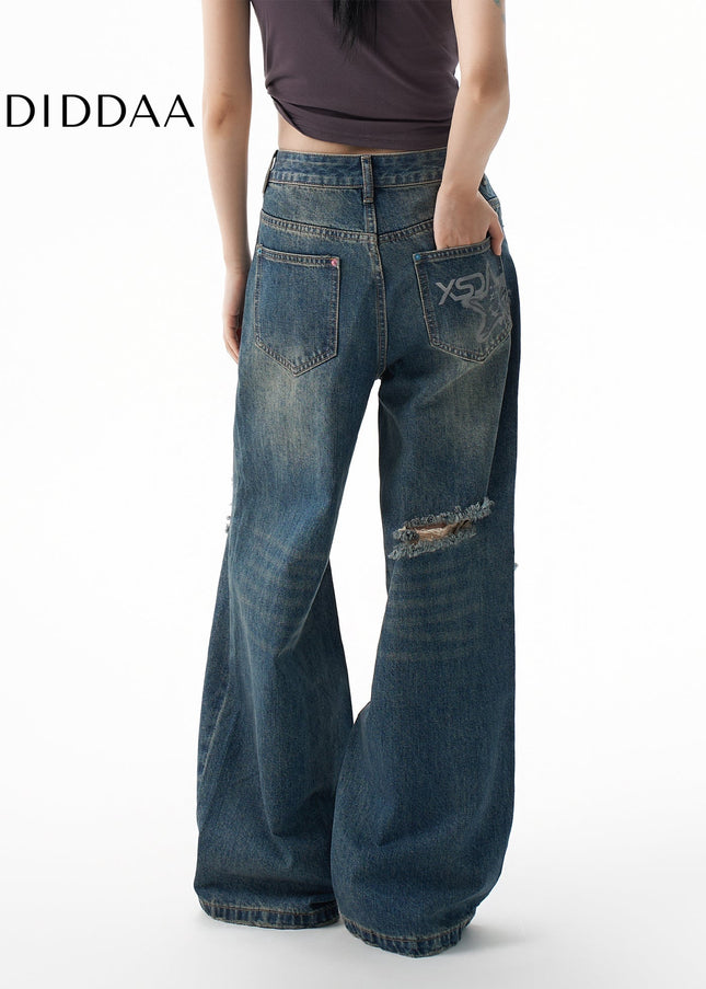 Blue Retro Wash Big Hole Wide Leg Jeans - Women’s Jeans