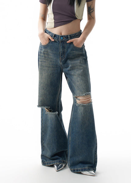 Blue Retro Wash Big Hole Wide Leg Jeans - Women’s Jeans