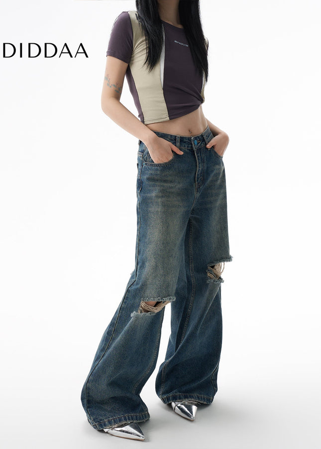 Blue Retro Wash Big Hole Wide Leg Jeans - Women’s Jeans