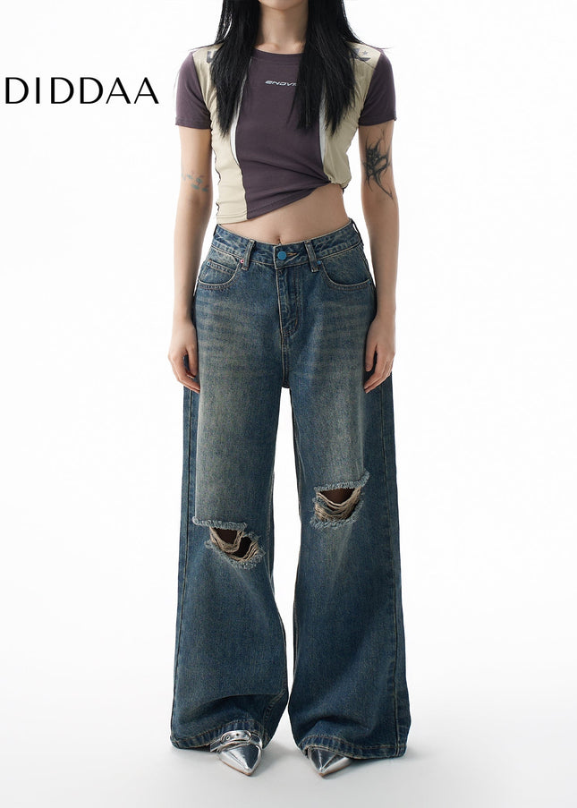 Blue Retro Wash Big Hole Wide Leg Jeans - Women’s Jeans