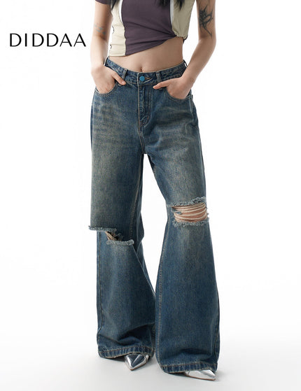 Blue Retro Wash Big Hole Wide Leg Jeans - XS / Dark Blue - Women’s Jeans