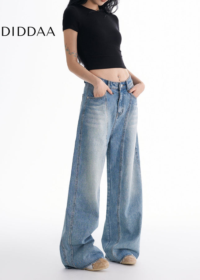 Blue Retro Wash Wide-Leg Low-Rise Loose Jeans - Women’s Jeans