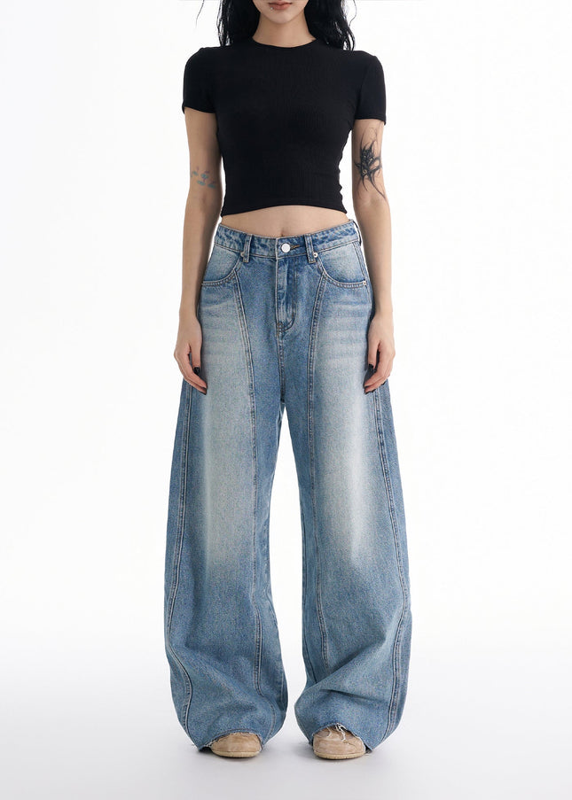 Blue Retro Wash Wide-Leg Low-Rise Loose Jeans - Women’s Jeans