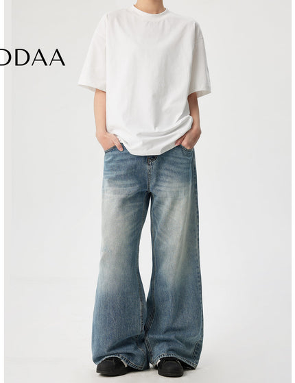 Blue Retro Washed Cleanfit Wide Leg Jeans - Mid Blue / S - Men’s Jeans