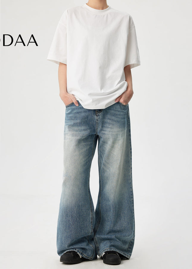 Blue Retro Washed Cleanfit Wide Leg Jeans - Mid Blue / S - Men’s Jeans