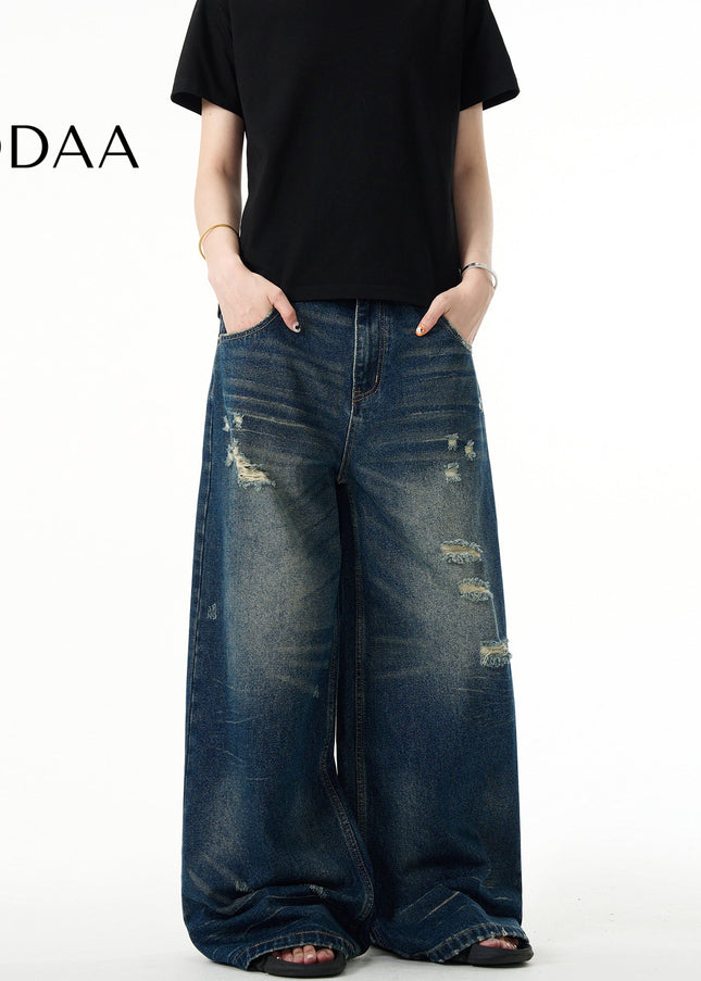 Blue Ripped Baggy Wide-Leg Jeans for Casual Wear - XS / Dark Blue - Men’s Jeans