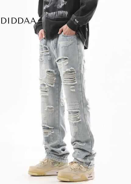Blue Ripped Design Trendy Street-Style Jeans - Men’s Jeans