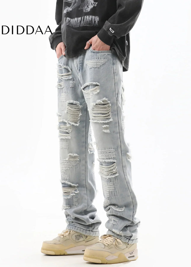 Blue Ripped Design Trendy Street-Style Jeans - Men’s Jeans