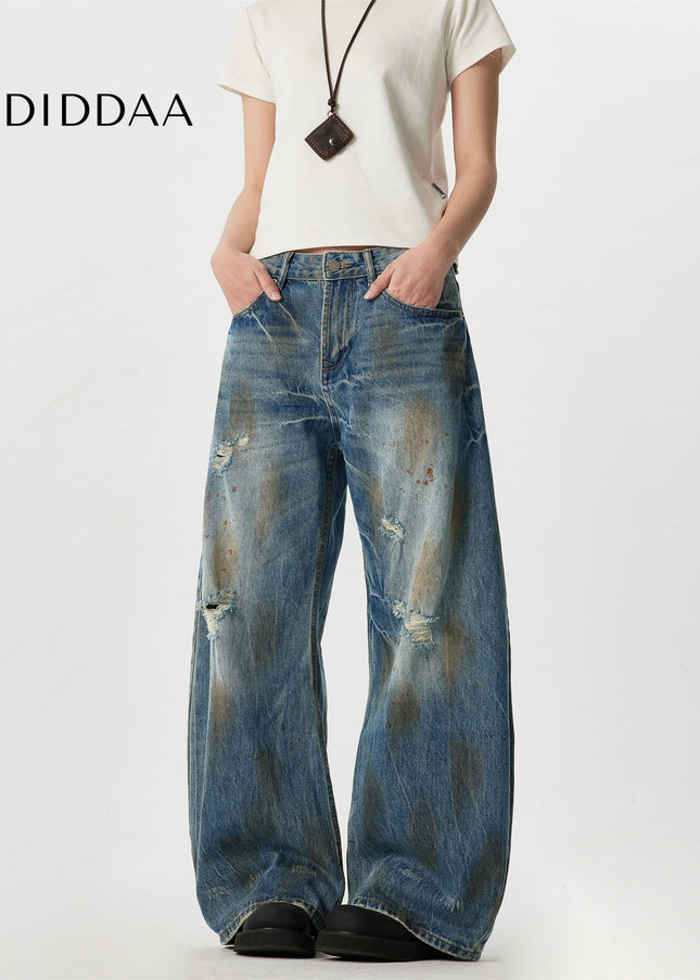 Blue Ripped Design Wide Leg Denim Jeans - Men’s Jeans