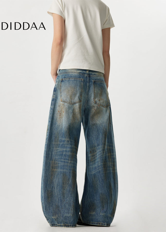 Blue Ripped Design Wide Leg Denim Jeans - Men’s Jeans