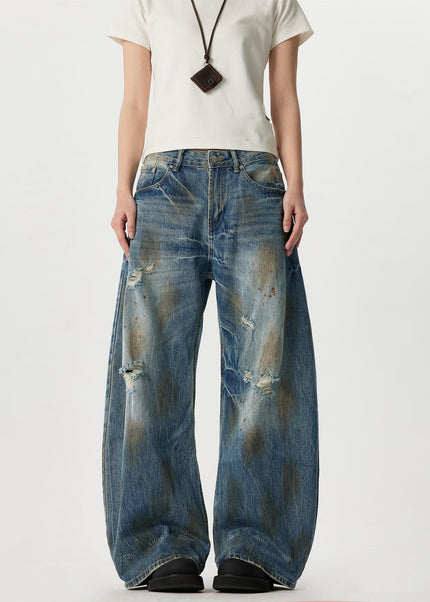 Blue Ripped Design Wide Leg Denim Jeans - Men’s Jeans