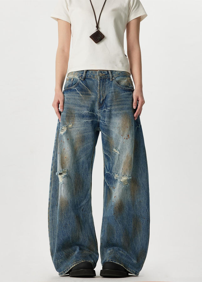 Blue Ripped Design Wide Leg Denim Jeans - Men’s Jeans