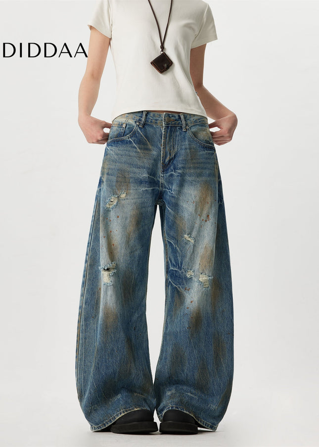 Blue Ripped Design Wide Leg Denim Jeans - Men’s Jeans